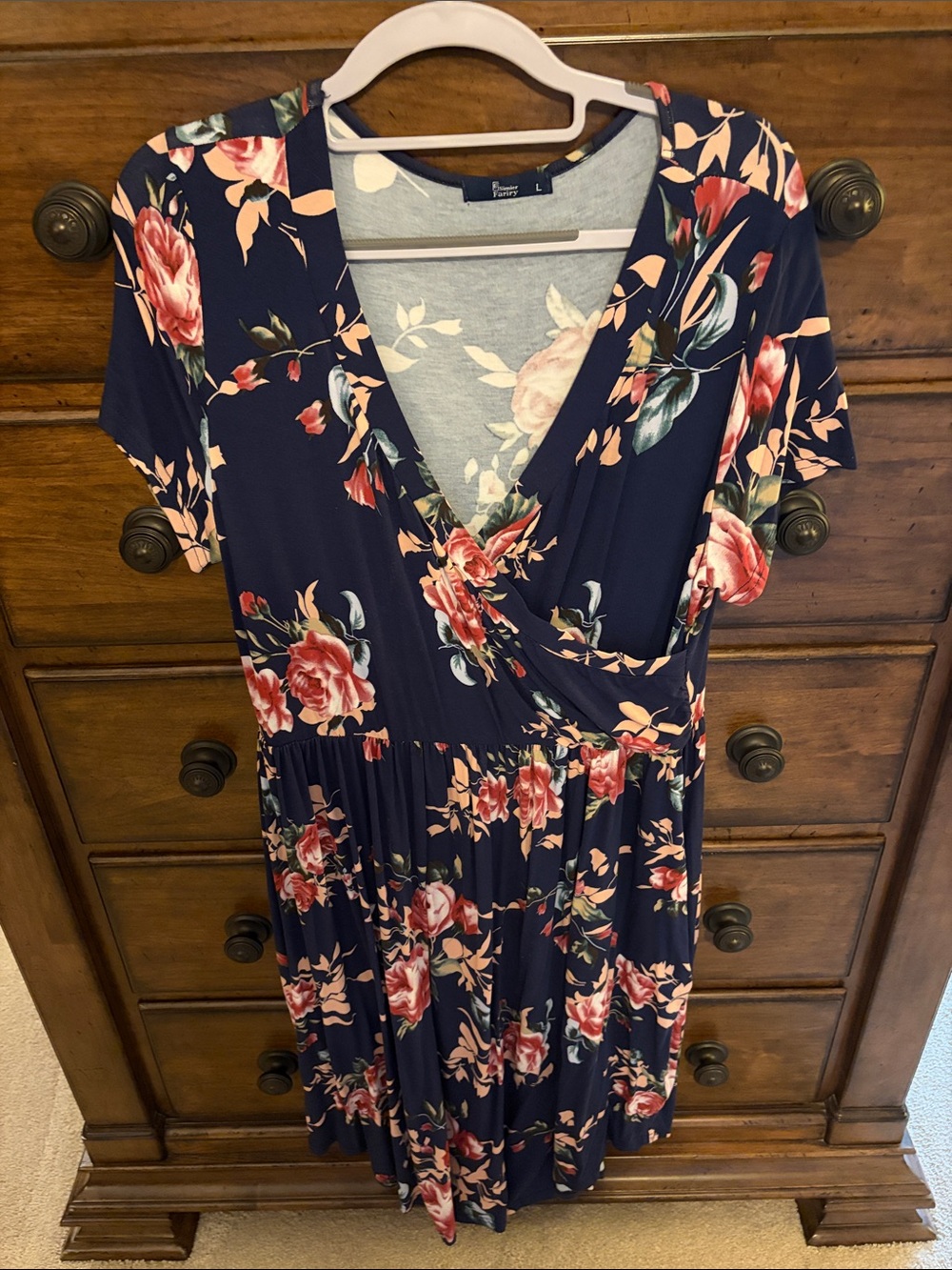 Navy Floral Wrap Midi Dress with V-Neck